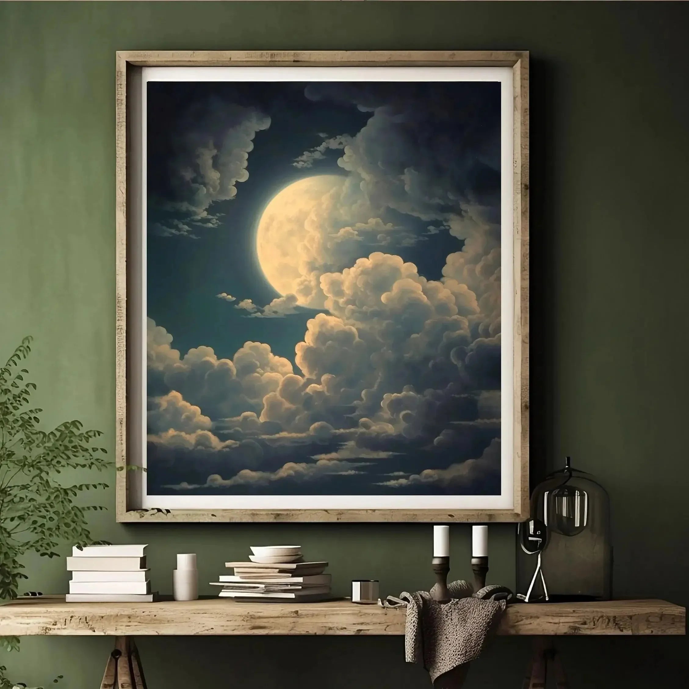 1pc Crescent Moon in Starry Night Sky Folk Art Floral Moon Stars Canvas Print Eclectic Decor Vintage Nature Wall Art Moody Decor