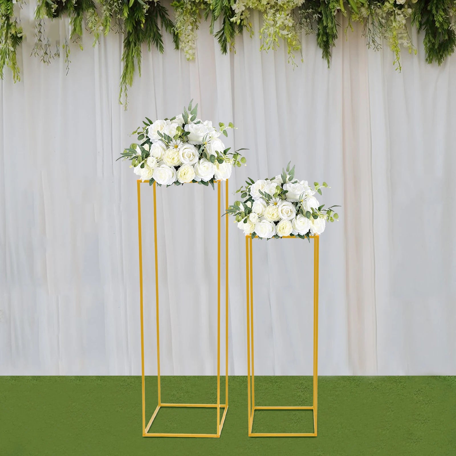 2Pcs Tabletop Flower Stands Metal Square Floral Decor Vase Floor Column Holder Gold Display Rack Road Guide for Wedding Party