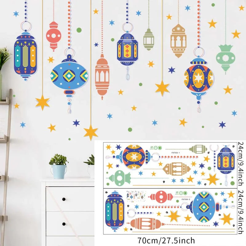 Ramadan Kareem Wall Stickers Moon Star Lantern Wall Decal 2024 Eid Mubarak Decorations for Home Muslim Islamic Party Decorations