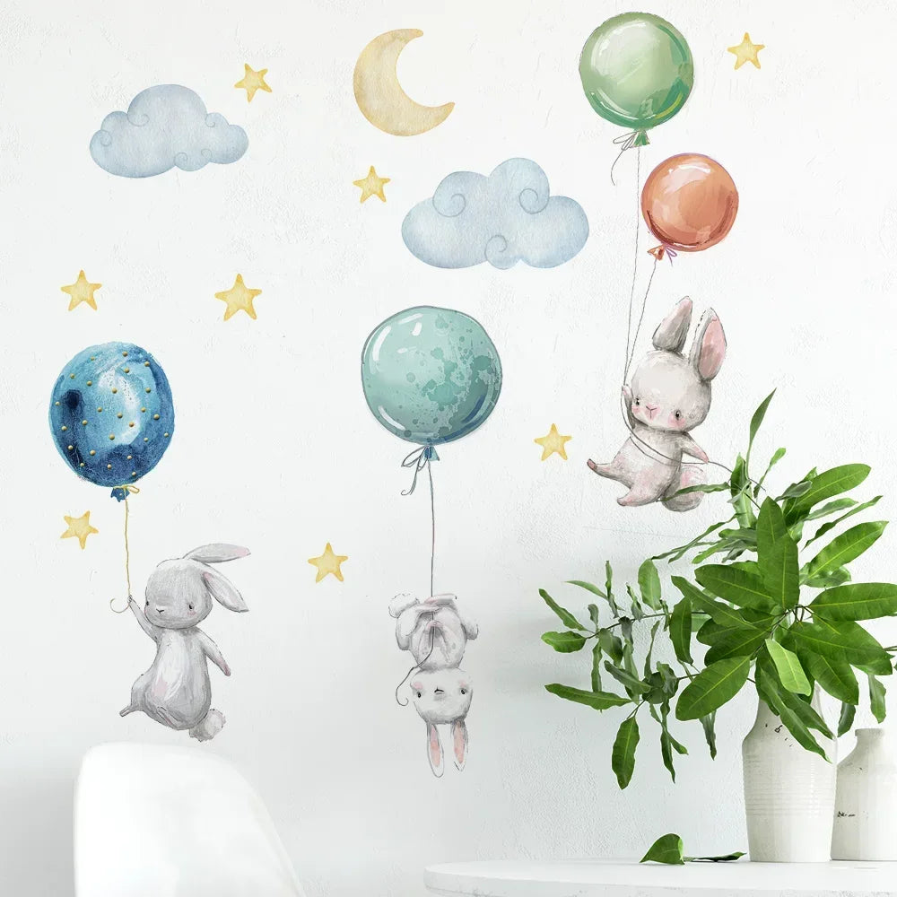 Flying Rabbits Wall Stickers Cute Lovely For Kids Balloons Moon Star Cloud Removable Decal Nursery Baby Room Decor Poster Mural