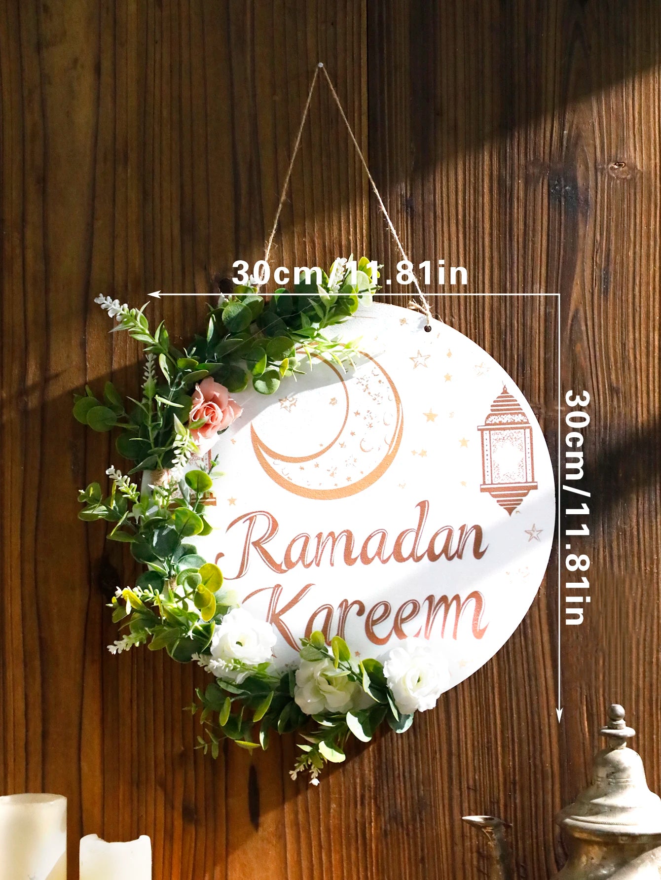 Ramadan Kareem Hanging Door Sign Floral Decor with Moon Star Lantern Design Islamic Festive Decorations for Home & Outdoor Gift
