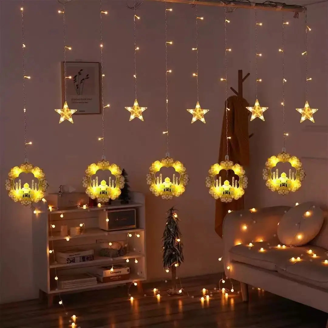 2026 Eid Al-Fitr Mubarak LED String Lights Moon Stars Curtain String Lights Islamic Ramadan Kareem Decoration for Home Garden