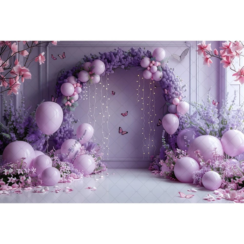 Birthday Photographic Backgrounds Baby Shooting Props Butterfly Purple Balloons Backdrops Photography Room Decorations Photozone