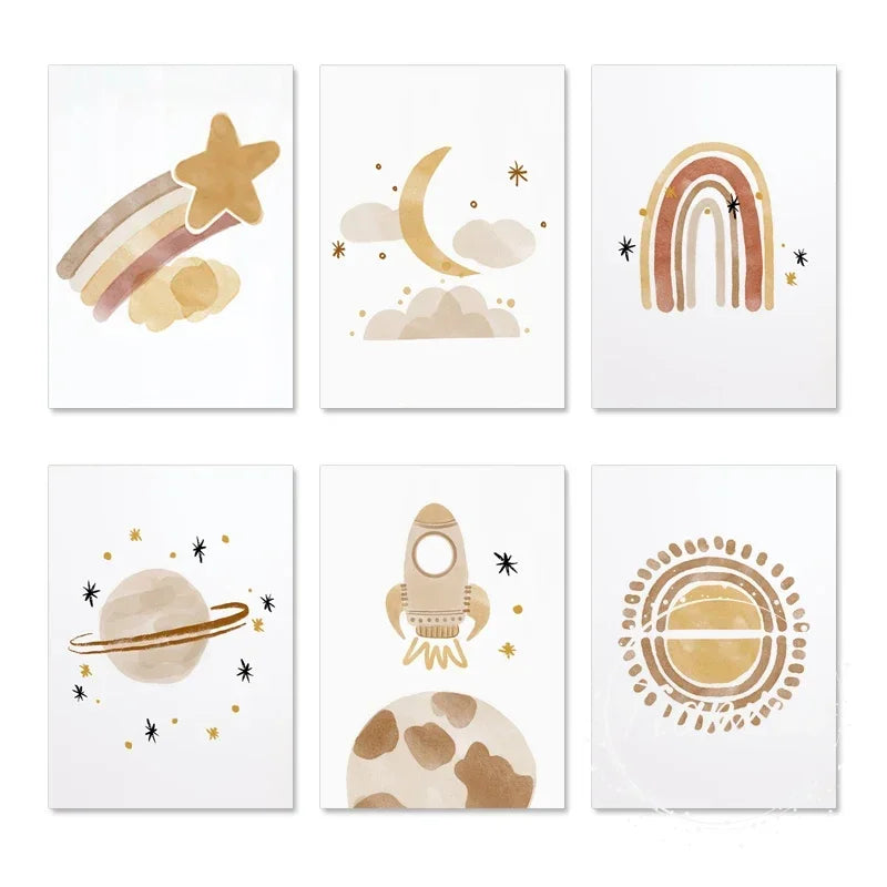 Nursery Wall Art Sun Stars Moon Earth Posters And Prints Children's Room Decoration Cartoon Universe Picture For Kid Room Poster