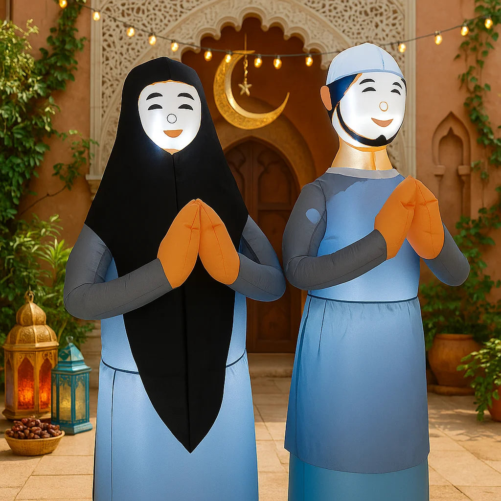 6FT Ramadan Muslim Themed Inflatable Praying Figure Decor Blue Outfit Crescent Lantern Islamic Ramadan Inflatable For Yard