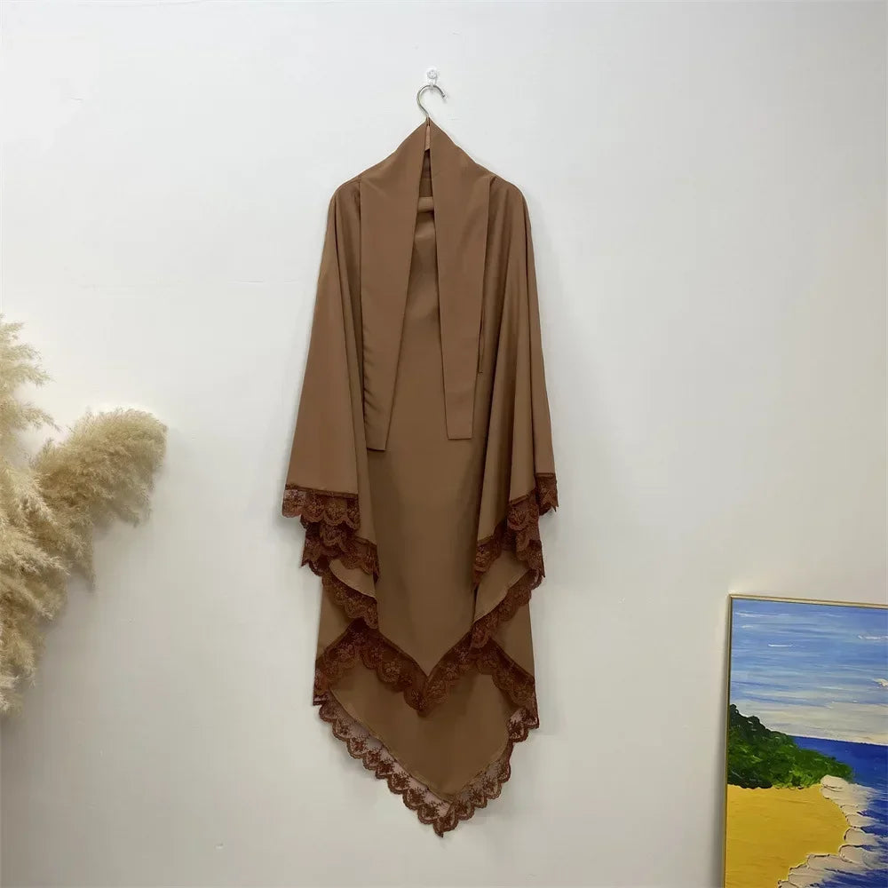 Eid Khimar Lace Long Khimar Hijab Scarf Muslim Modest Prayer Hijabs Islam Clothing Ramadan Djellaba Kebaya Jalabiya Headscarf