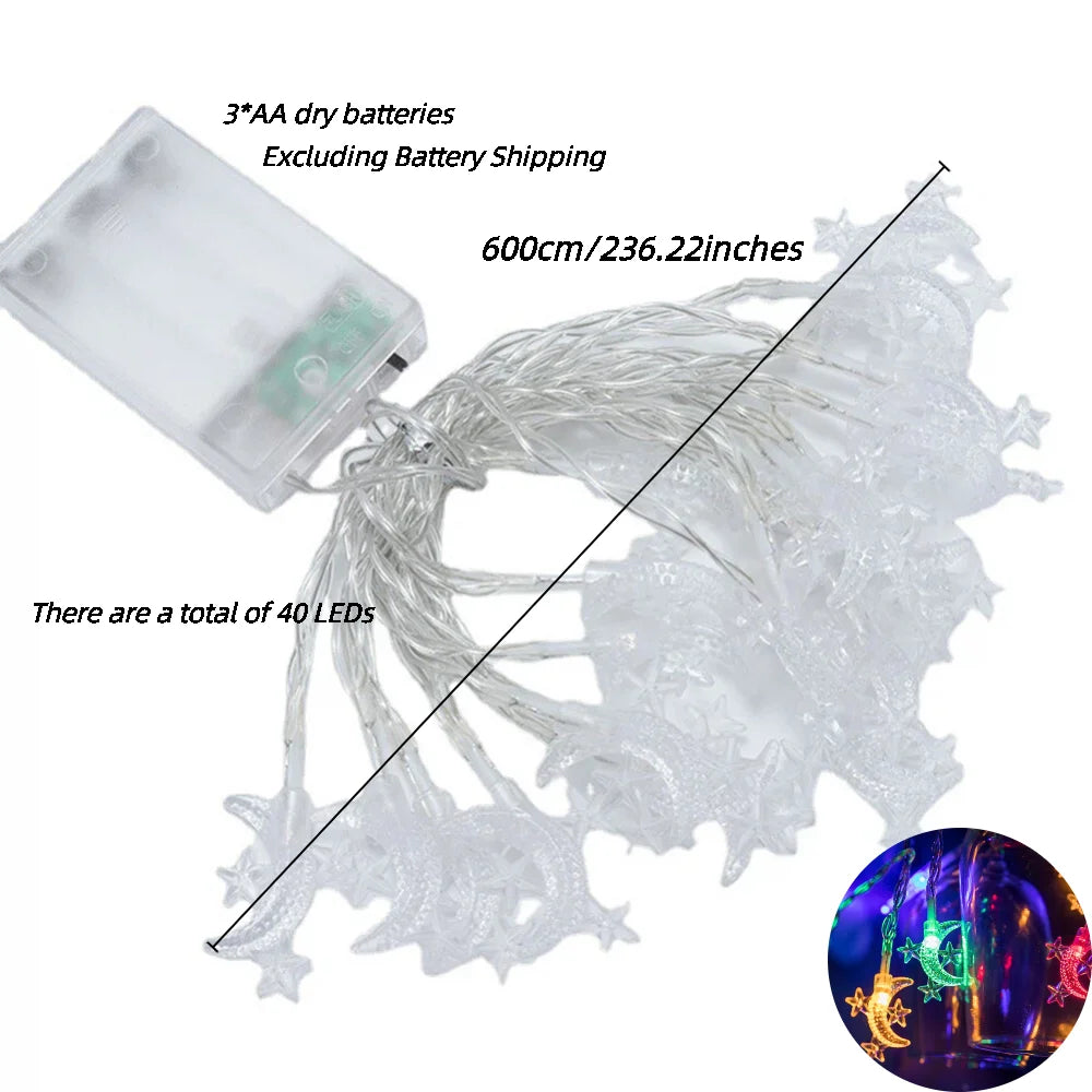 6M 40LEDs Star Moon Rope Lights, Battery Powered, Decoration for Ramadan, Eid Al Fitr, Spring Festival,Valentine's Day