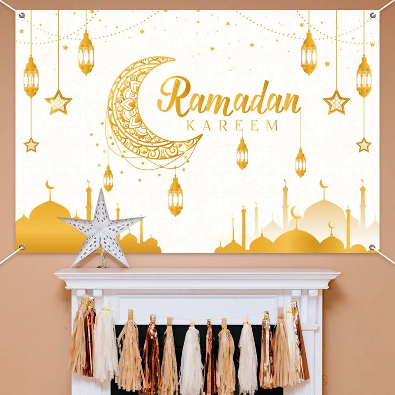 Ramadan Kareem Backdrop Photo Booth Background With Moon Star Castle Pattern Eid Mubarak Background for Backyard Al-fitr Gift