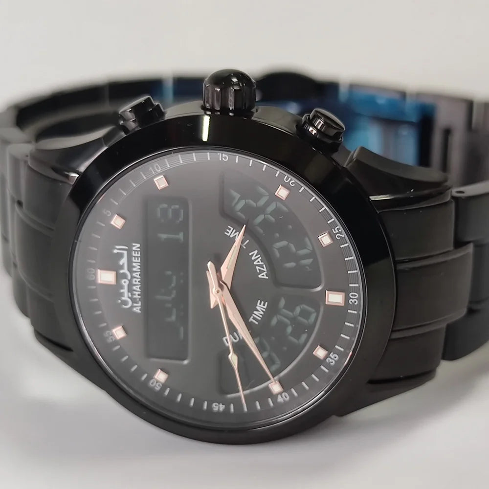 AL Harameen 6102FBB Azan Watch Islamic Prayer Alarm time for all Muslim Man's Stainless Steel Business Watch
