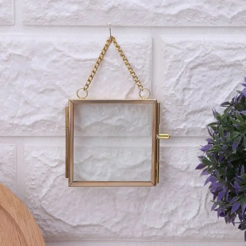 Creative DIY Chain Retro Metal Photo Picture Frame, High Translucent Glass Folder, Flower & Plant Display Holder