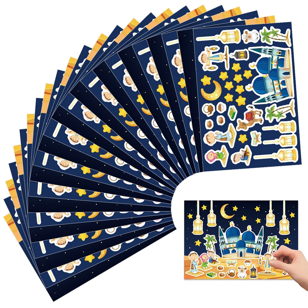 12Sheets Eid Mubarak DIY Stickers Kids Puzzle Game Toys Islam Muslim Party Supplies 2026 Ramadan Home Decoration Wall Sticker