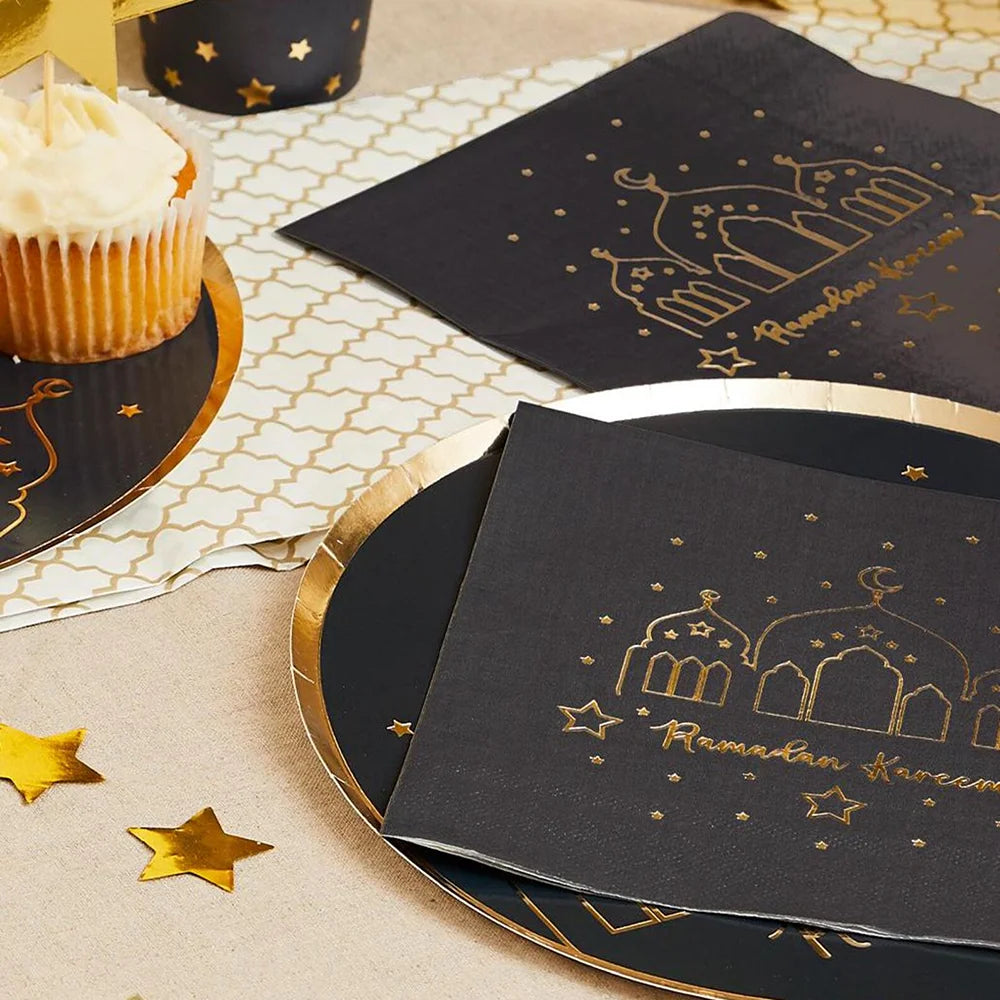 20 Sheets Ramadan Kareem Black Napkins Eid Celebration Party Table Decorations Islamic Holiday Home Accessories Muslim Supplies
