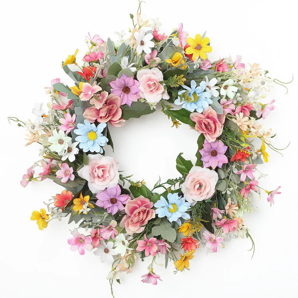 YeeNanee Vibrant Wild Flowers Spring Wreaths for Front Door Artificial Daisy Tulip Lambs Ear Summer Wreath Home Wall Decoration