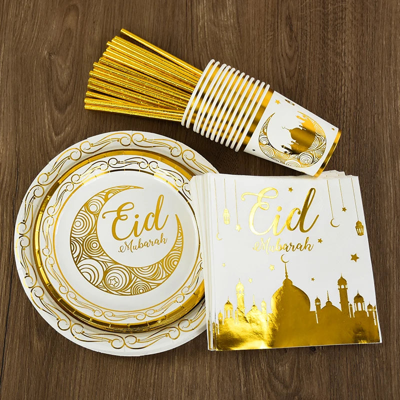 Eid Mubarak Party Tableware Set Gold Disposable Plate Cup Napkins Banner 2026 Islamic Muslim Supplies Ramadan Kareem Decorations