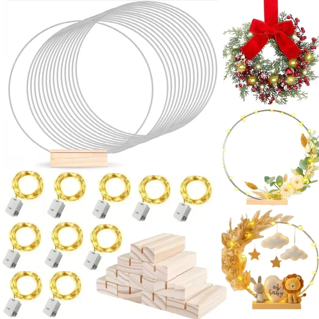 1/5/10PCS DIY Christmas Wreath with LED Lights Stand Party Metal Floral Hoop Centerpiece Table Decor Wedding Dream Catcher Rings