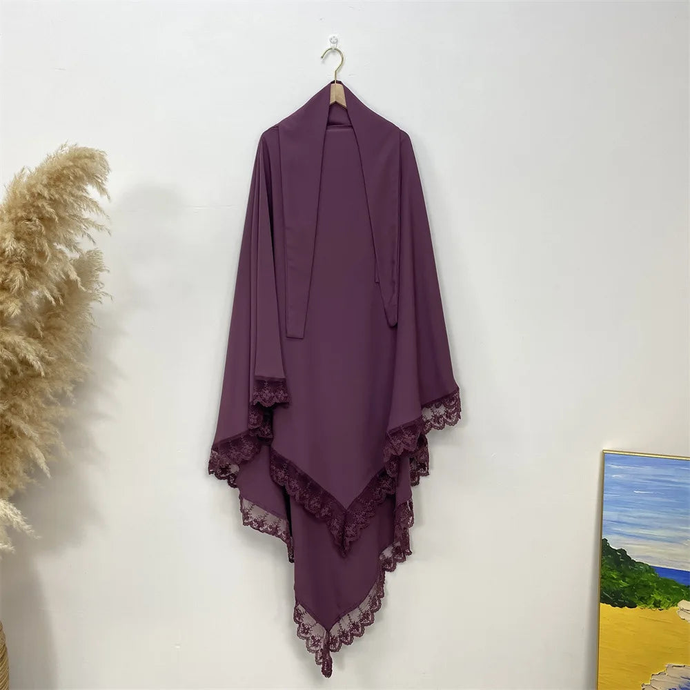 Eid Khimar Lace Long Khimar Hijab Scarf Muslim Modest Prayer Hijabs Islam Clothing Ramadan Djellaba Kebaya Jalabiya Headscarf