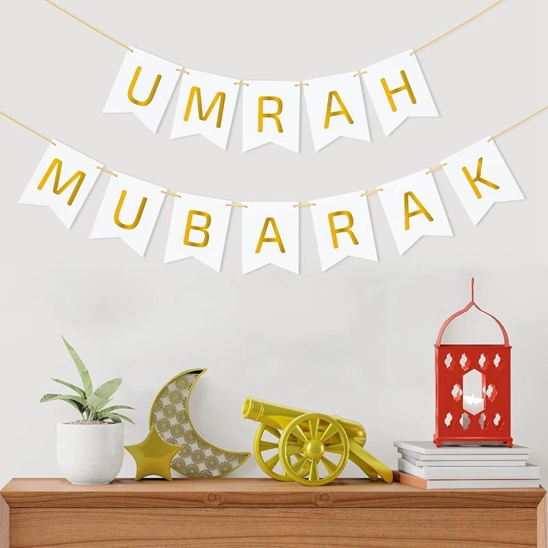 Umrah Mubarak Banners EID Mubarak Decoration 2025 for Home Bunting Banner Ramadan Kareem Islamic Muslim Party Eid Al Adha Gifts