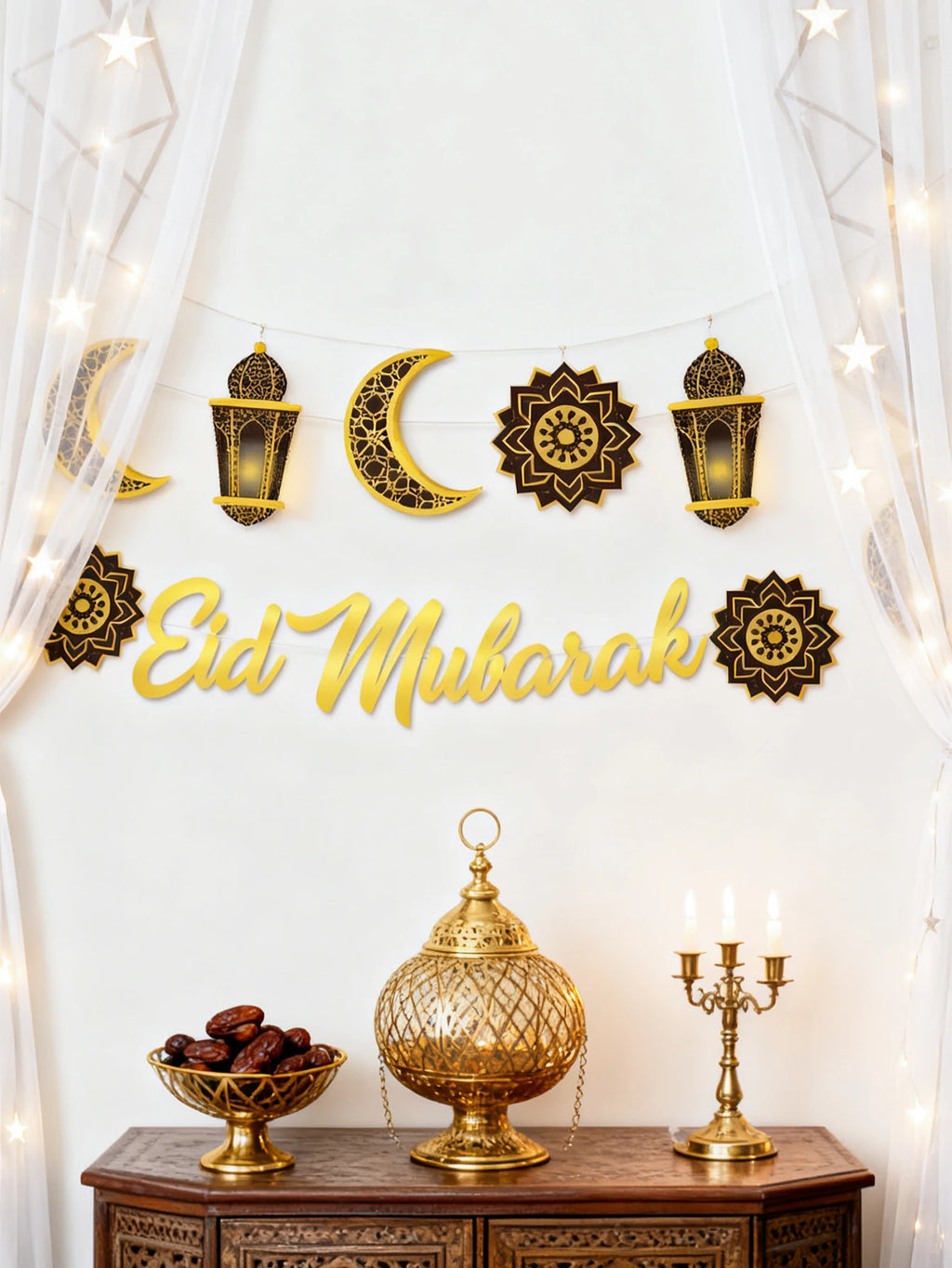 1pc Eid Mubarak Wall Hanging Golden Moon Lantern Floral Pattern Banner Festive Home Decor for Ramadan &Eid Party Decoration Gift