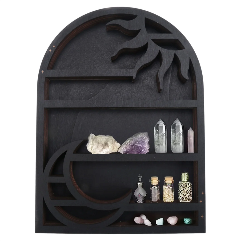 Wood Storage Shelf - Stylish and Practical Wall Shelf, Crescent Sun and Moon Crystal Shelf GSY
