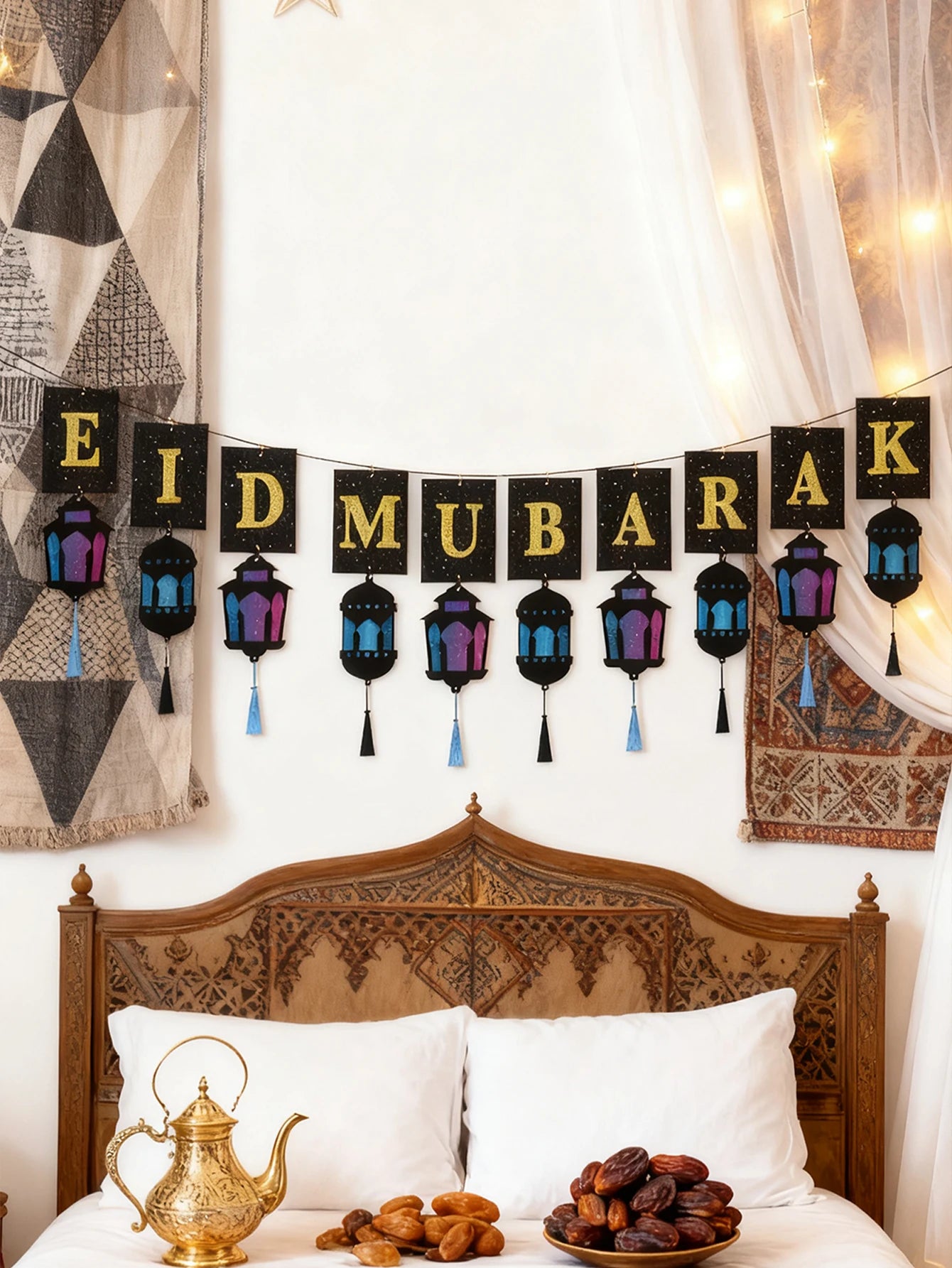 Eid Mubarak Banner with Lantern Tassels Ramadan Kareem Islamic Festival Party Decor Muslim Home Wall Hanging for Eid Adha Gifts