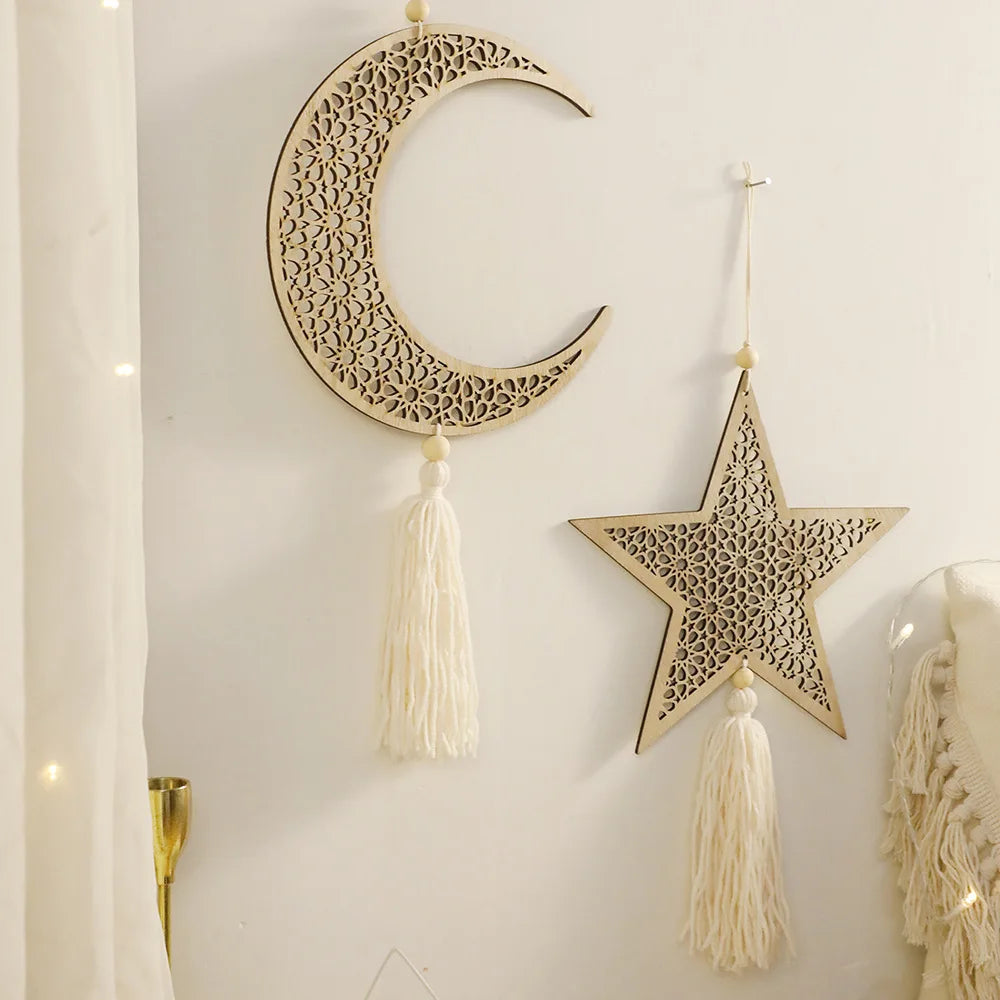 Ramadan Wooden Hanging Ornaments Moon and Star Hollow Mesh Wall Decor Islamic Eid Mubarak Muslim Decor?Ramadan Kareem Gift