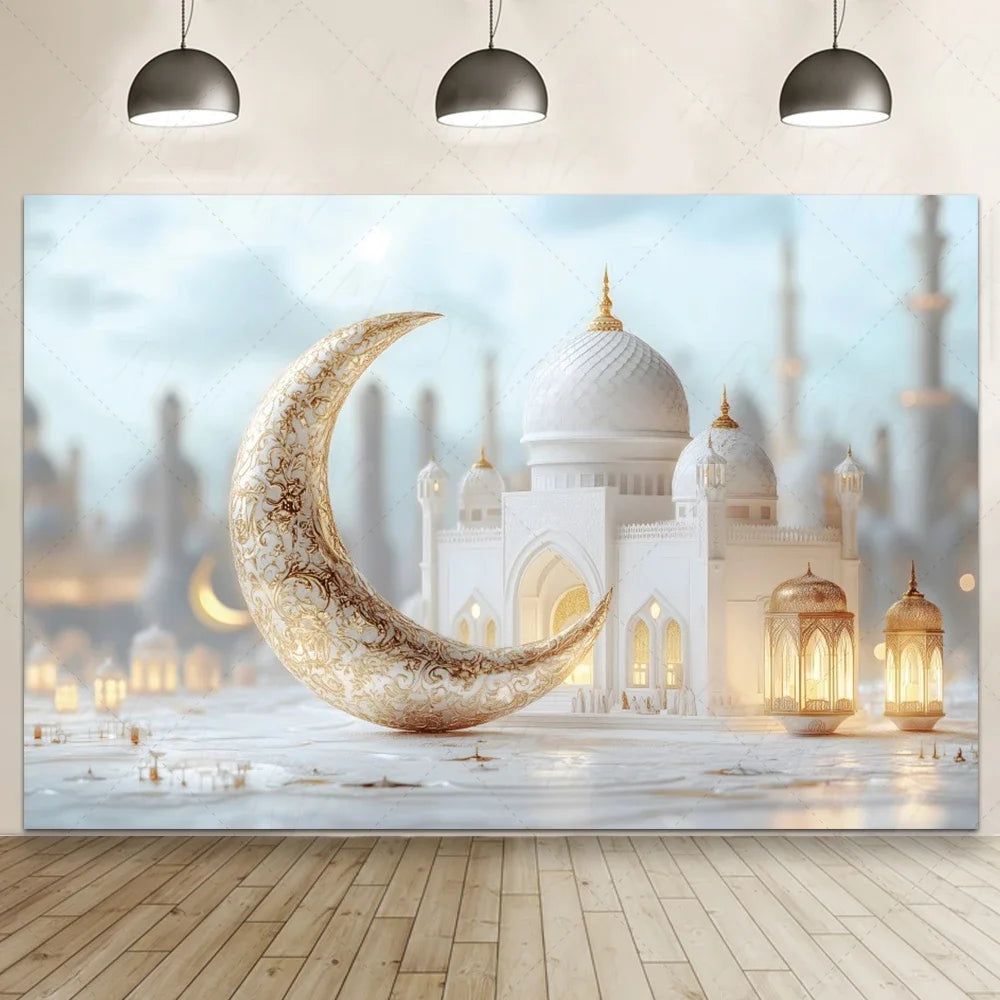 Ramadan Eid Mosque Photo Booth Backdrop Customizable Islamic Party Decoration Green Gold Banner Photography Studio Background