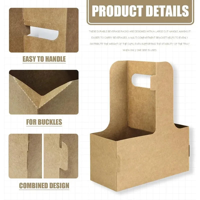 15 Count 2-Cup Disposable Drink Carrier - Brown Kraft Paperboard Holder w/Handle for Hot/Cold Drinks, Coffee, Food Delivery