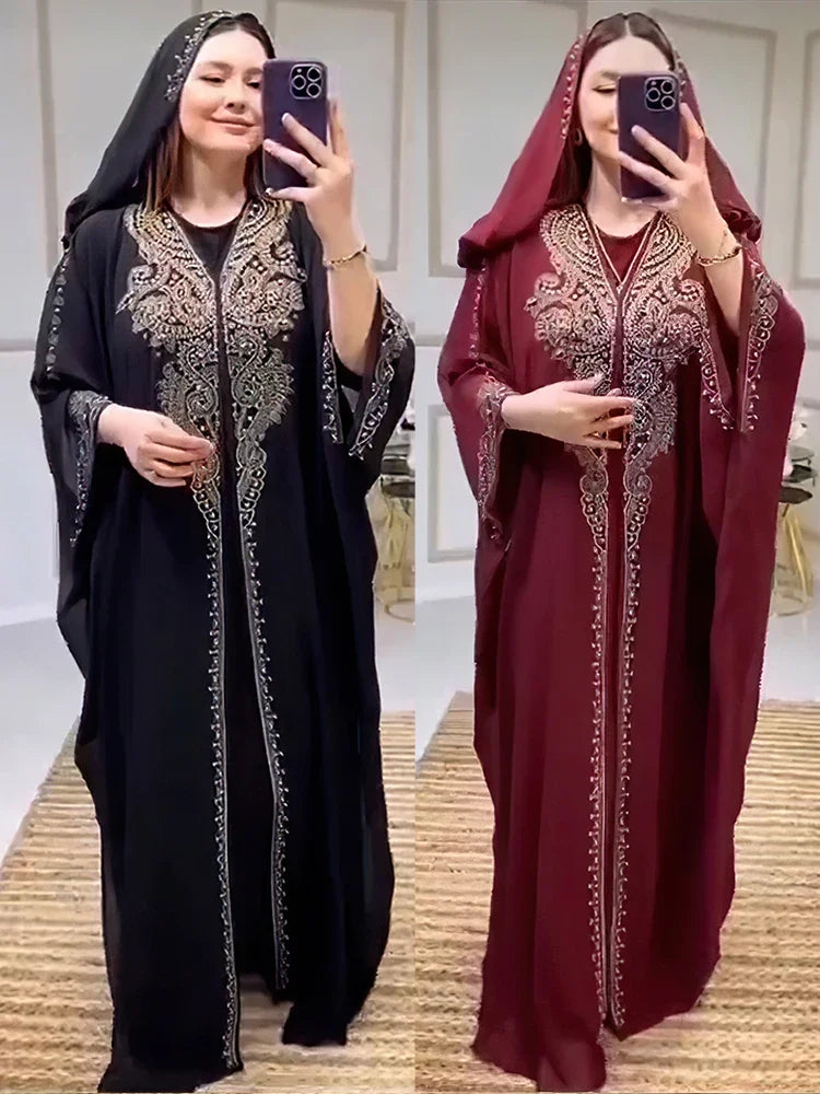 Eid Muslim Dress for Women – Hooded 2-Piece Diamond Jalabiya Kaftan