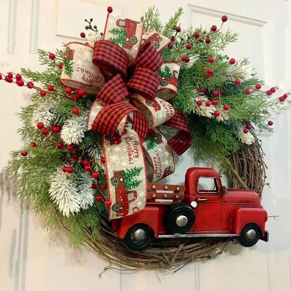 1pcs Farmhouse Christmas Wreath 35x43cm Red Truck Straw Decor Door Hanger For Home Indoor Outdoor Holiday Christmas Decoration