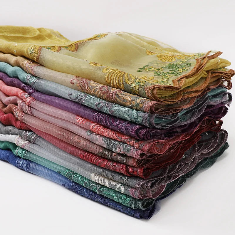 New Designers Lace Scarf Women Luxury Hijabs for Woman Bandana Shawl Veil Comfort Wear Paillette Embroidery Scarves Wrap Hijabs