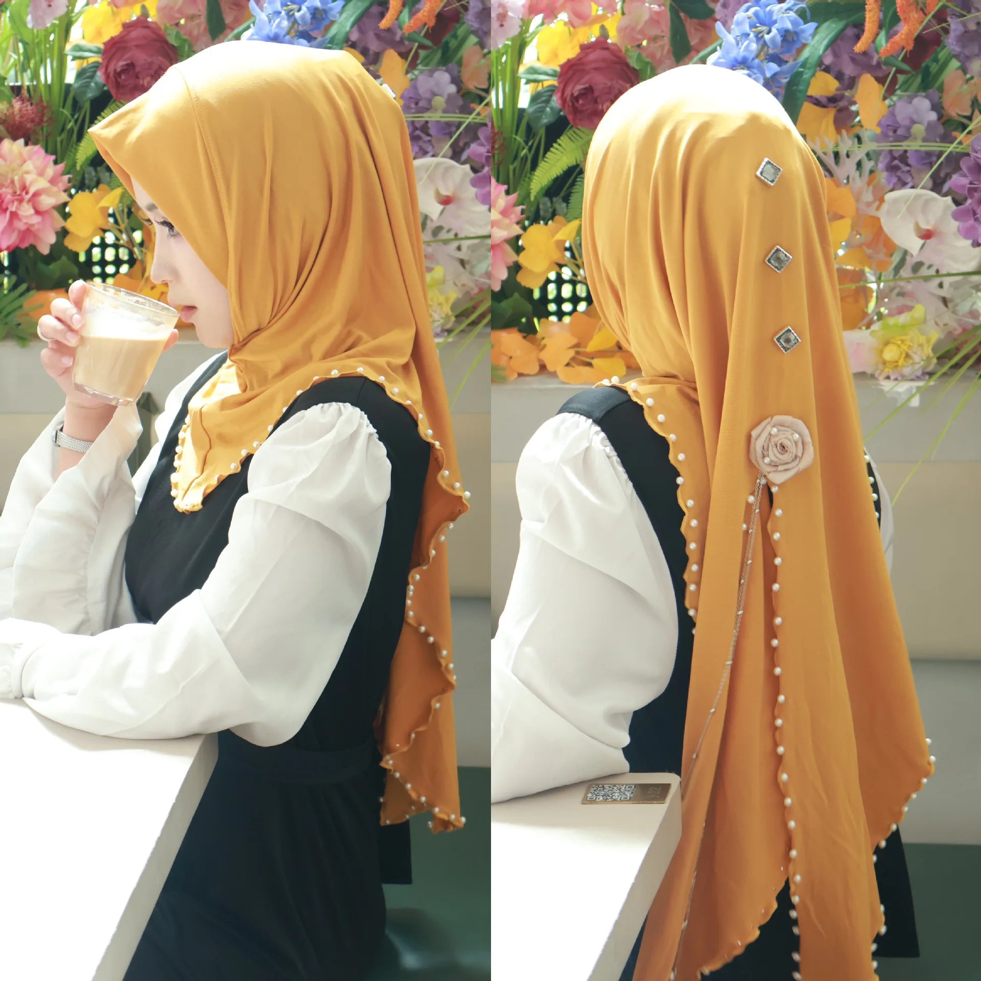 Women Fashion Beaded Headscarf Wear Directly Instant Hijab Arab Islamic Khimar Laides Shawls Eid Ramadan Turban