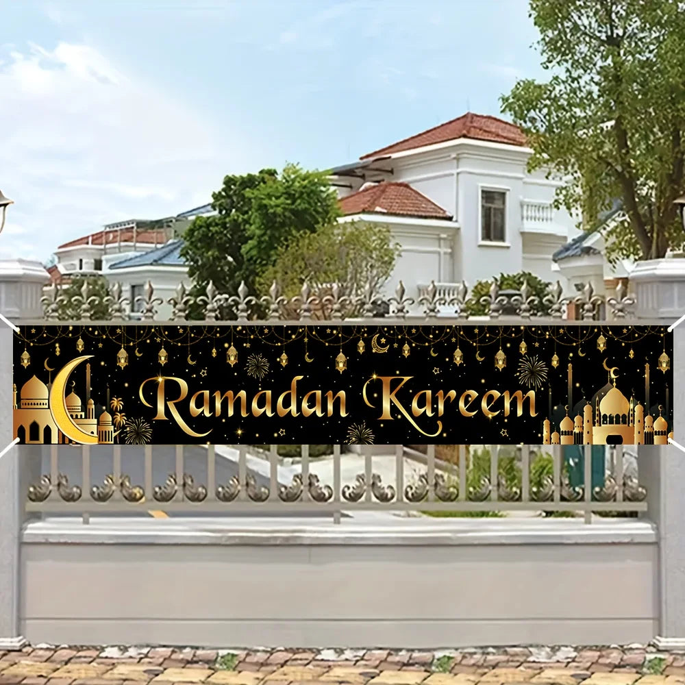 VIKAMA Ramadan Karim Banner Tapestry Black Gold Star Moon Mosque Eid al Fitr Outdoor Courtyard Festival Party Decoration