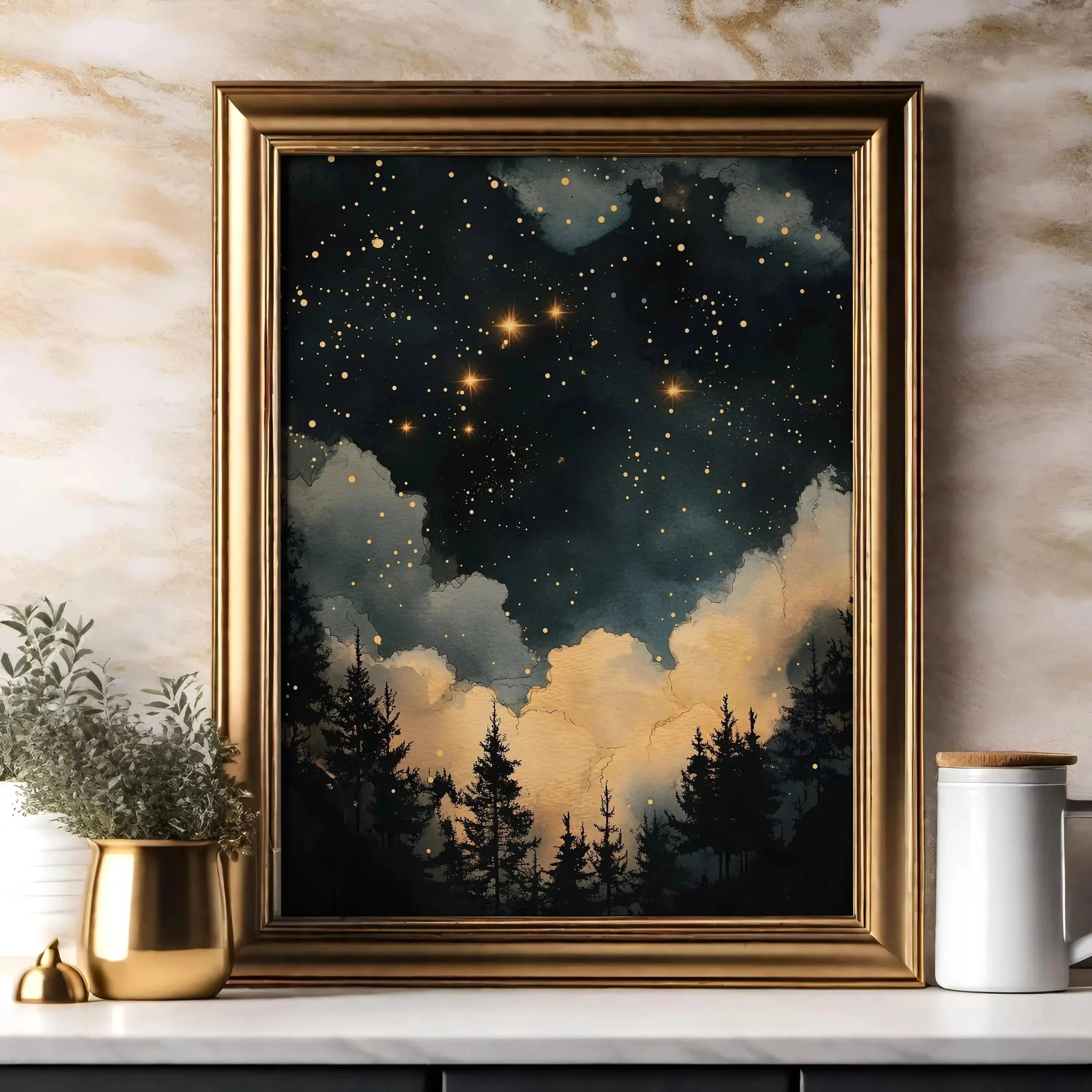 1pc Crescent Moon in Starry Night Sky Folk Art Floral Moon Stars Canvas Print Eclectic Decor Vintage Nature Wall Art Moody Decor
