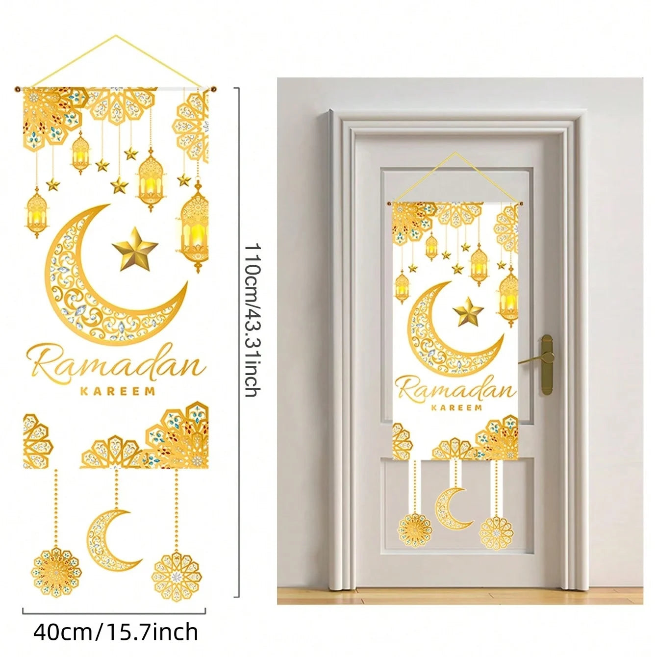 1Pc Ramadan Kareem Decorative Door Hanging Golden Star and Moon Lantern Flag Muslim Festival Party Decoration Banner Home Doorway Decorative Cloth