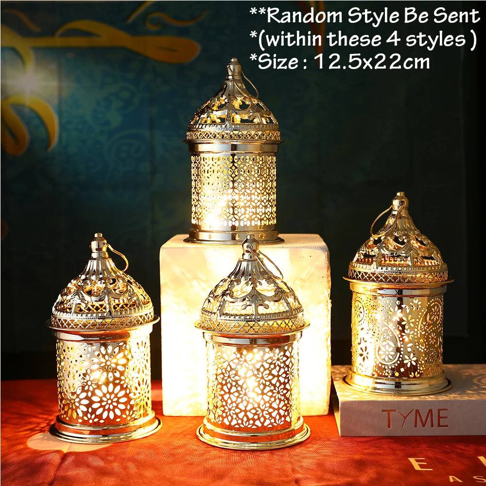 Gold Metal Lantern Lights Fancy Dome Ramadan Decoration Lamp With Music Eid Mubarak Home Decors Islamic Muslim Gifts Eid al-Fitr