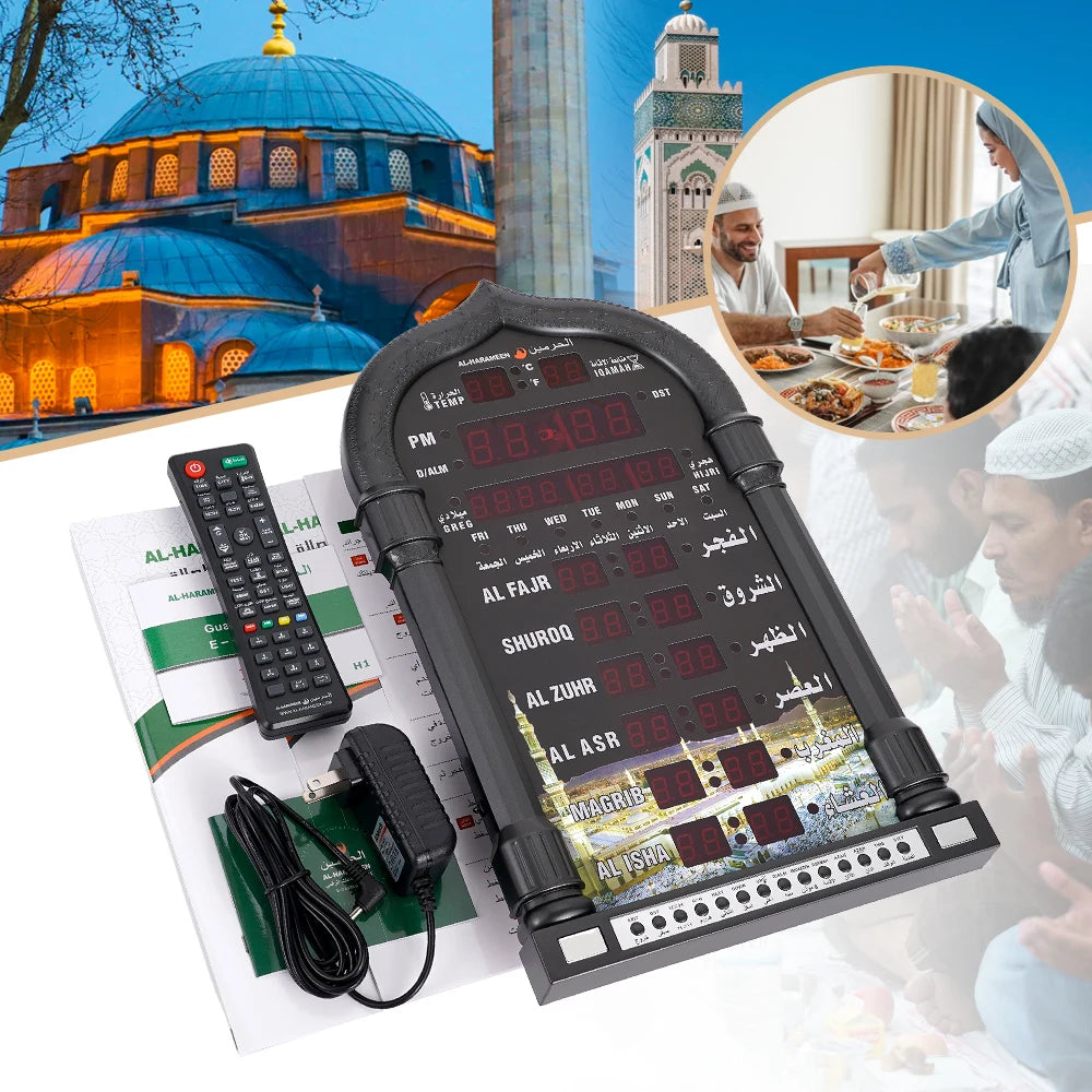 12V Azan Mosque Mosque Clock Calendar Muslim Prayer Wall Clock Alarm Islamic Mosque Azan Calendar Ramadan Home Decor Wall Clock