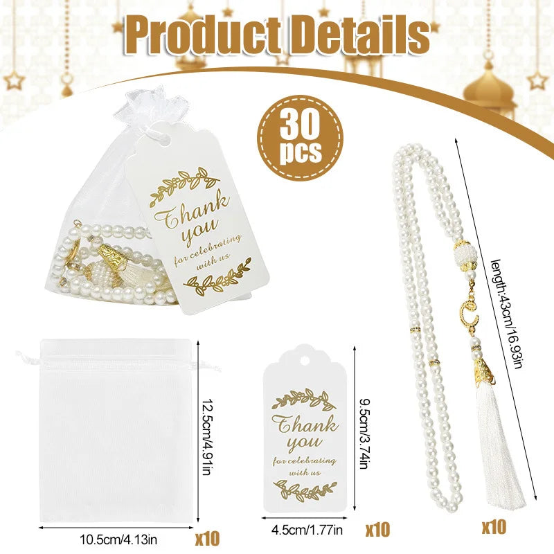 15/30Pcs EID Mubarak Glass Pearls Tassel with Bags and Paper Tag Muslim Islam Prayer Beads Bracelet Hanging Ornament Party Gifts