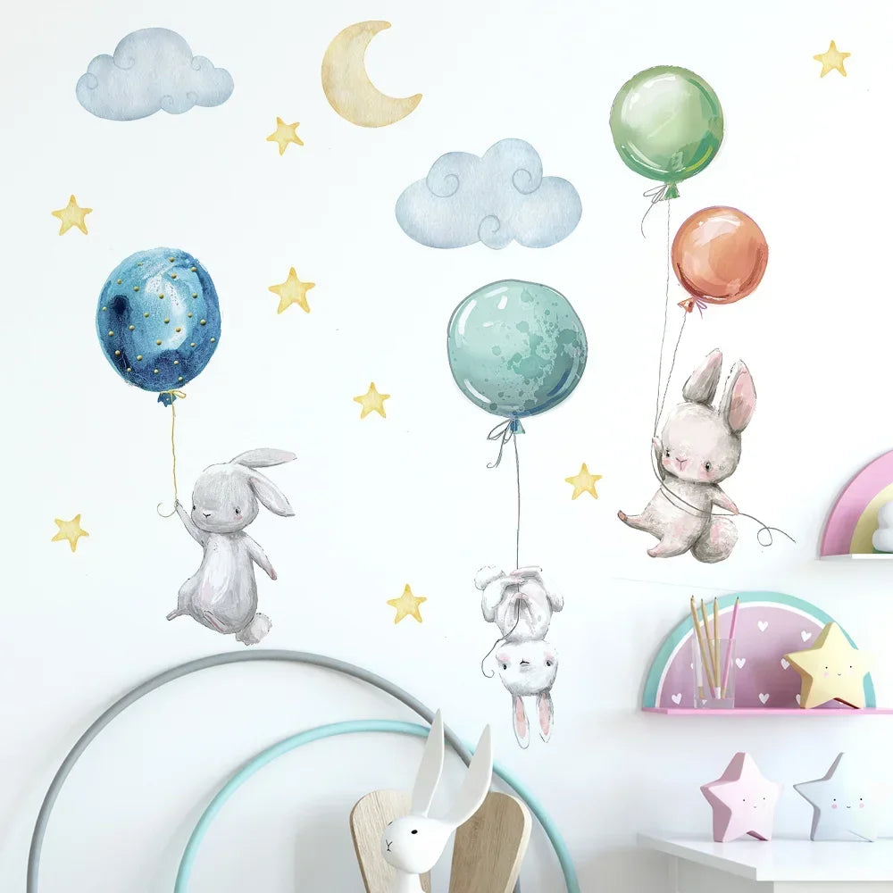 Flying Rabbits Wall Stickers Cute Lovely For Kids Balloons Moon Star Cloud Removable Decal Nursery Baby Room Decor Poster Mural