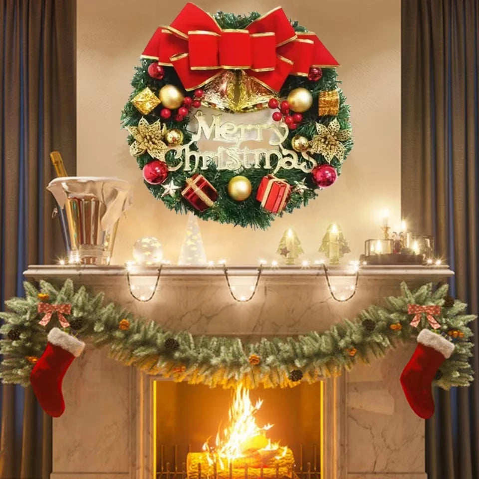 Artificial Merry Christmas Wreath with Bow Christmas Door Hanging Rattan Ornament Garland Christmas Suitable for Home Decoration