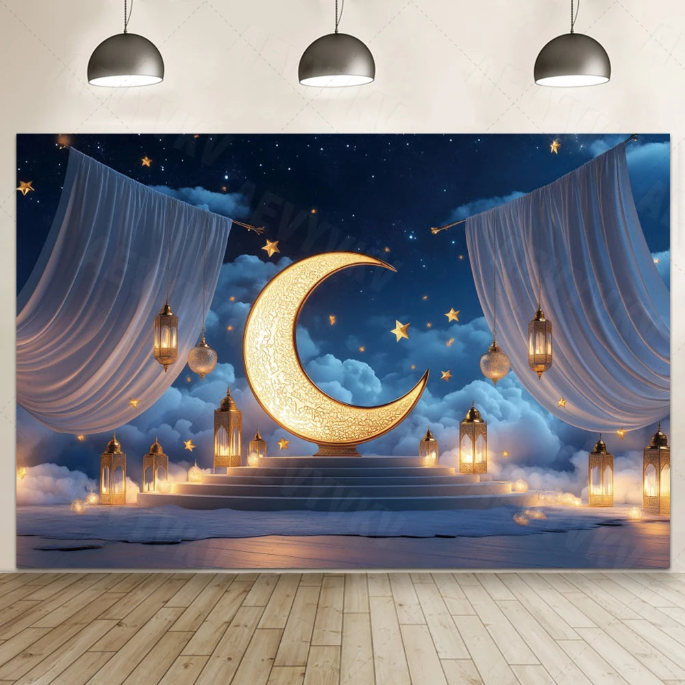 Ramadan Eid Mosque Photo Booth Backdrop Customizable Islamic Party Decoration Green Gold Banner Photography Studio Background