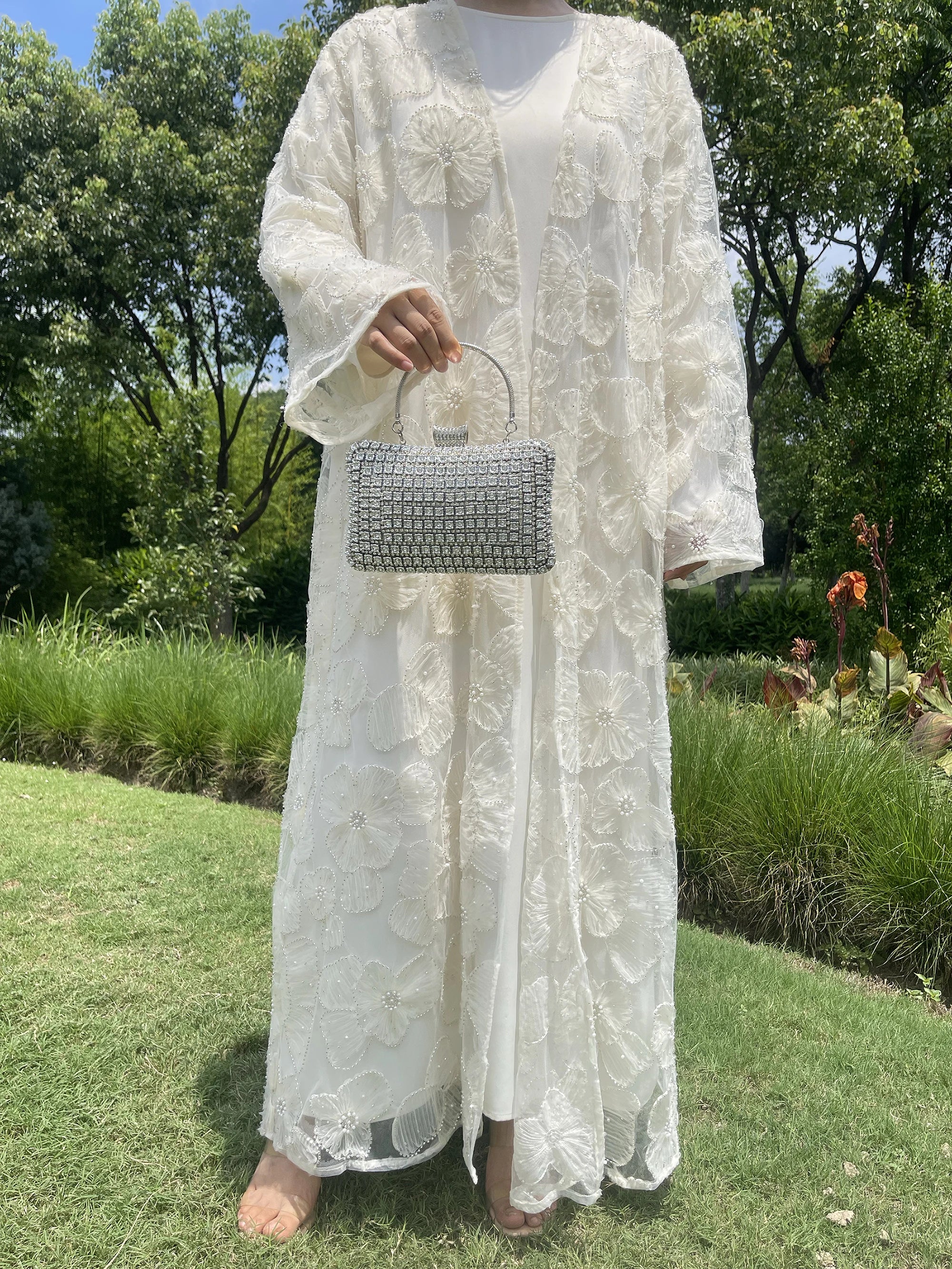 Muslim Women Two-piece Set Floral Beaded Abaya and Satin Inner Dress MSL881