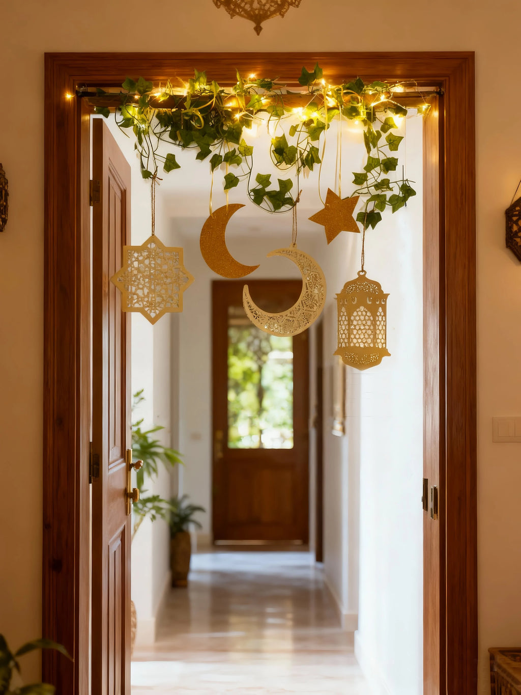 Ramadan Doorway Decor Golden Moon Star Lantern Hanging Ornaments with LED String Islamic Eid Festival Home Entrance Party Gifts
