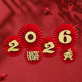 6pcs 11.42inch,9.84inch,7.48inch New Year Red&Golden Paper Fans-Traditional Decoration with Dragon,Phoenix,Lanterns-Wall Hanging