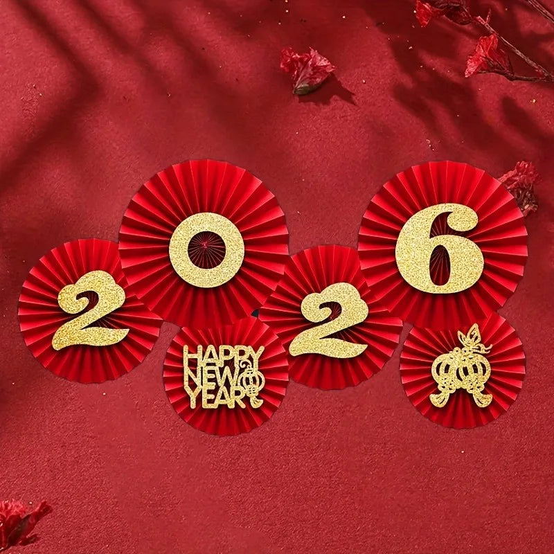 6pcs  New Year Red&Golden Paper Fans-Traditional Decoration with Dragon,Phoenix,Lanterns-Reusable Wall Hanging for Living Room