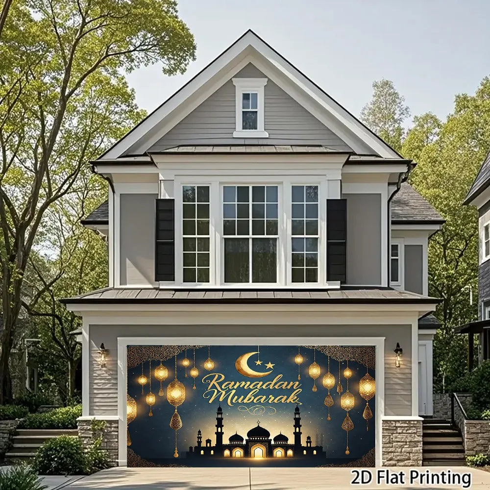 1pc2DflatRamadan Mubarak Moon and Stars Banner ，With gold lanterns，New Moon and Star Design，No Power Supply Required