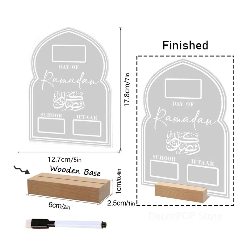 Reusable Ramadan Calendar Board Wooden Base Table Ornament Mubarak Eid Advent Day Suhoor Iftaar Countdown Gifts with Pen