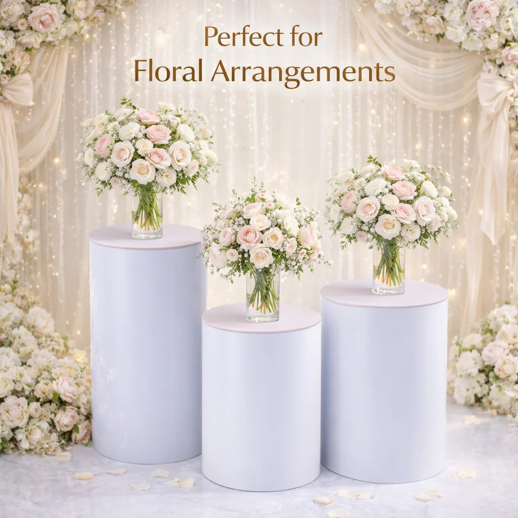 3Pcs White Wedding Round Cylinder Stand,Acrylic & PVC, Modern Decor for Weddings, Events, Birthday Parties,Holds Cakes & Flowers
