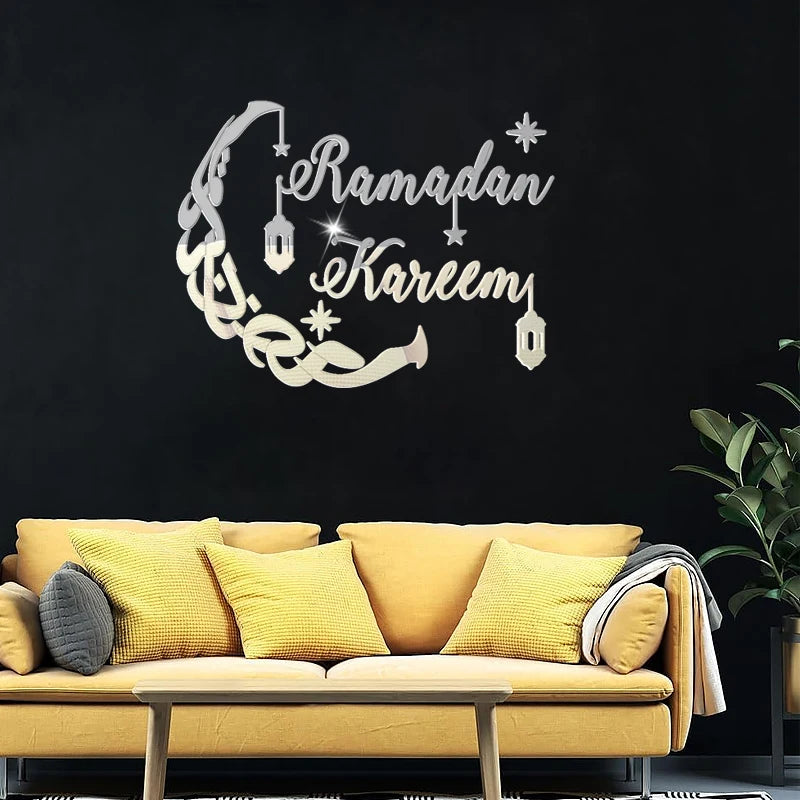Eid Mubarak Gold Acrylic Wall Sticker Ramadan Kareem Large Mirror Wall Decal for Home Room Decoration 2026 Islamic Muslim Gifts