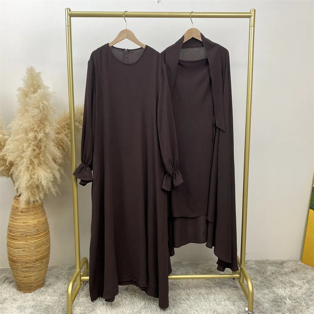 Dubai Turkey Kaftan Eid Ramadan Overhead Khimar Burqa Muslim Women Prayer Dress Set 2PCS Niqab Abaya Islamic Jalabiya Djellab