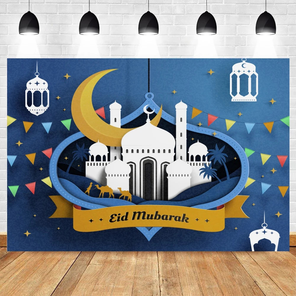 Ramadan Kareem Photography Backdrop EID Mubarak Islamic Mosque Lamps Moon Star White Cloud Photo Background Studio Poster Decor